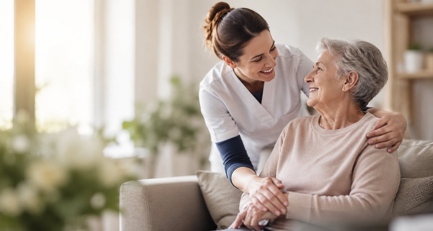 Pflegerin und Seniorin lachen gemeinsam auf dem Sofa